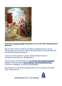 zaterdag 25 maart - Feest ter ere van Maria Boodschap in Renkum